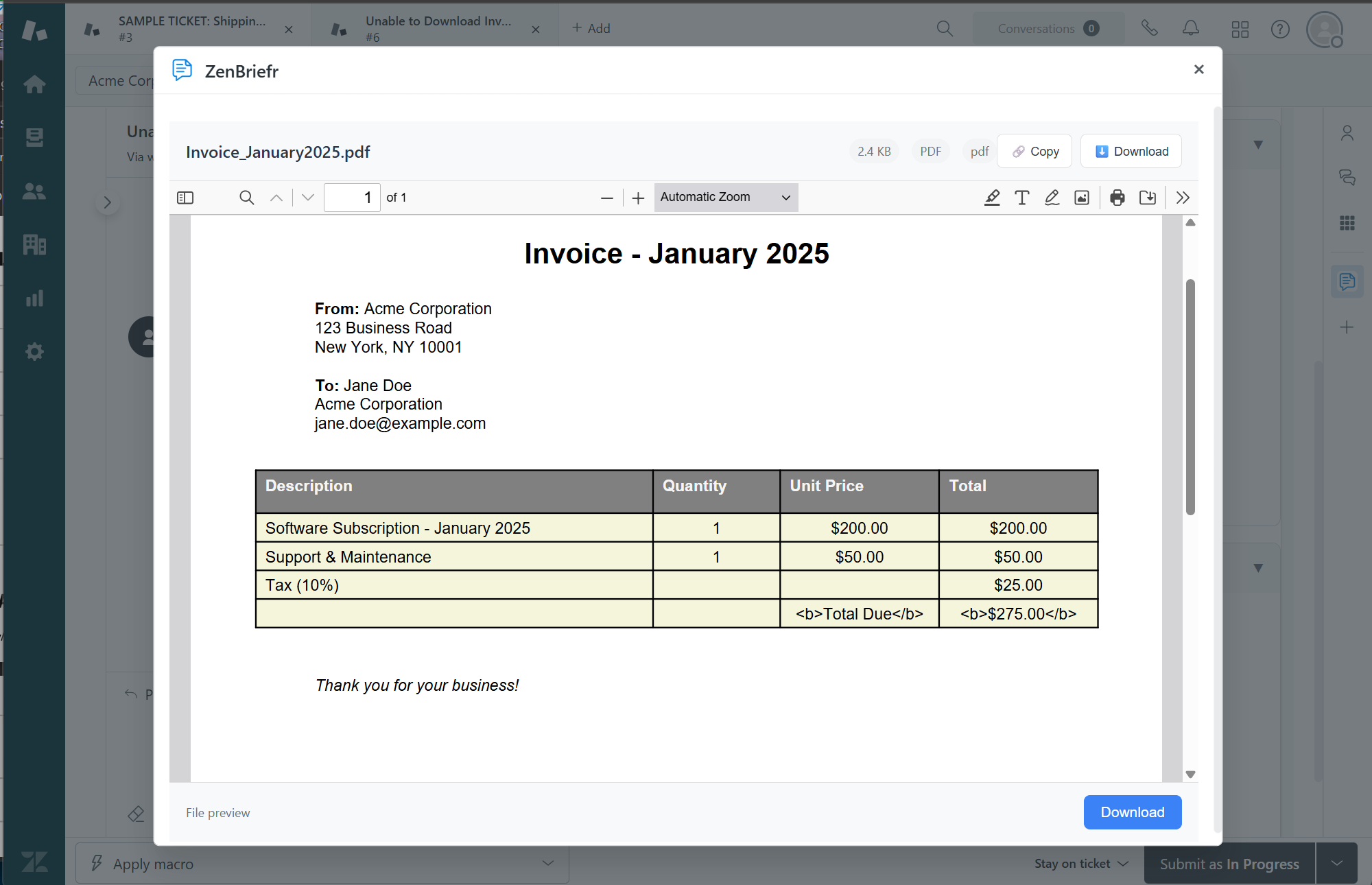 PDF file opened in ZenBriefr modal viewer within Zendesk interface
