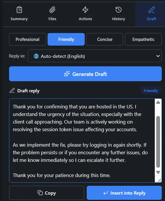ZenBriefr AI Reply Drafts — generated reply with tone selector and translation