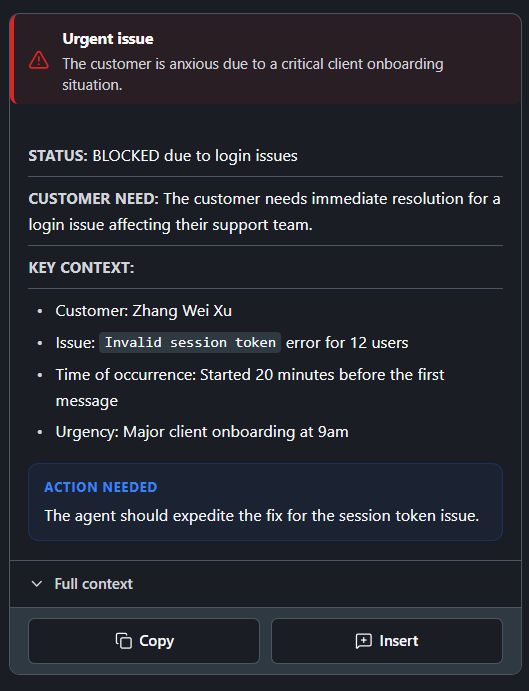 ZenBriefr AI Summary — ticket status, customer need, key context, and sentiment