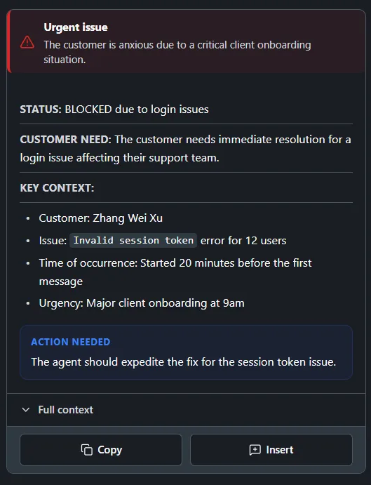 ZenBriefr AI Summary — ticket status, customer need, key context, and sentiment